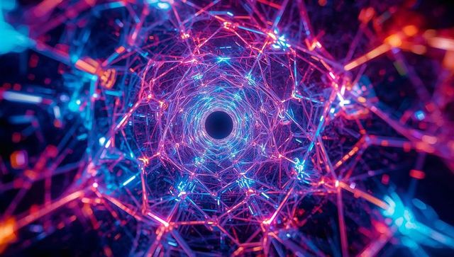 Pulsing neon tunnel vortex with geometric mesh and futuristic network nodes