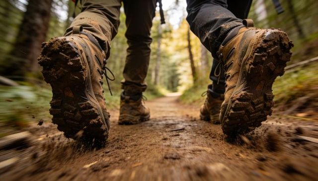 Two hikers wearing muddy boots kicking up dirt on forest trail under sunlit canopy