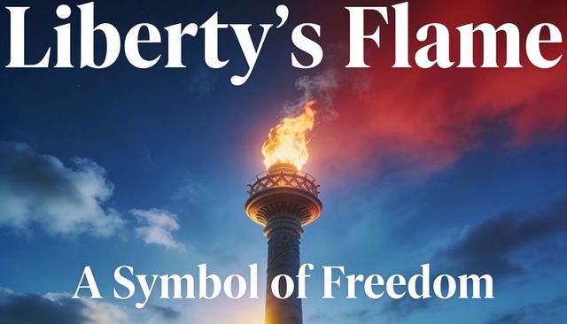 Burning torch of liberty casting flame over dusk sky with dramatic smoke and glow