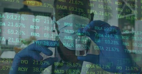 Scientist Analyzing Test Tube with Stock Market Data Overlay