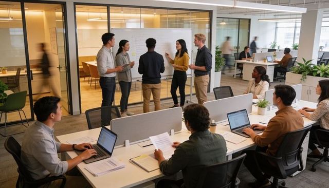 Multicultural team brainstorming at whiteboard in modern open-plan office during meeting