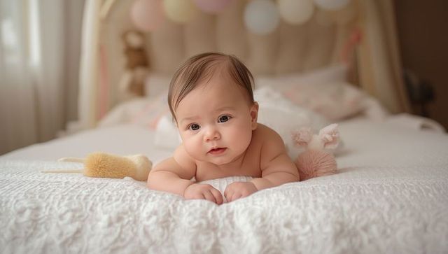 Charming baby practicing tummy time in cozy nursery