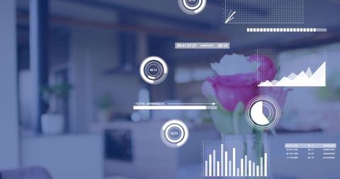 Blooming pink roses in glass vase with augmented reality hud overlay in modern open-plan kitchen