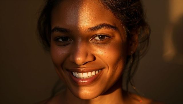 Warm sunbeam portrait of smiling woman showing natural skin texture and freckles