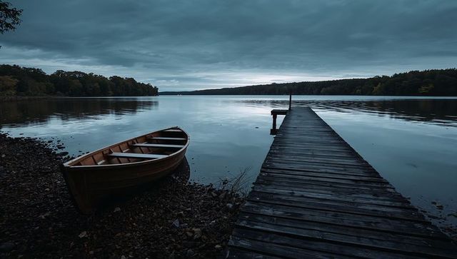Moody lakeside dusk with weathered wooden dock and empty rowboat, calm reflections