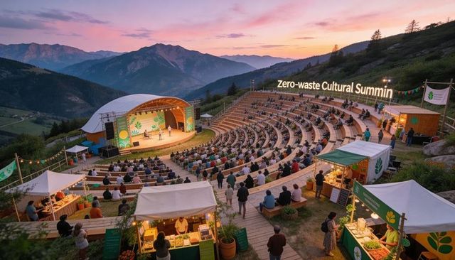 Zero-waste cultural summit in mountain amphitheater at sunset with eco festival market