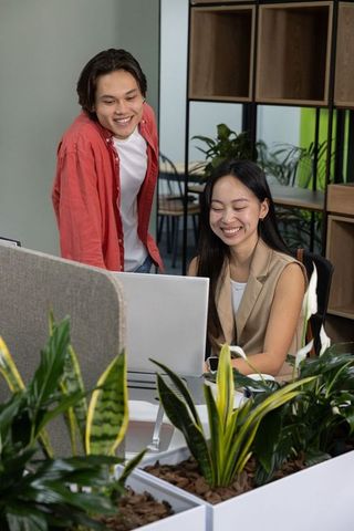 Asian coworkers collaborating and smiling at laptop in modern office with planter boxes