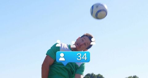 Soccer Player Heading Ball with Social Media Interaction Icons