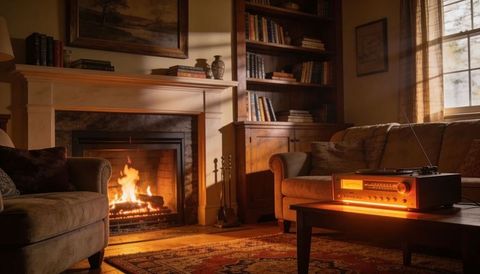 Cozy living room with glowing fireplace and mantel, vintage radio on table, warm library