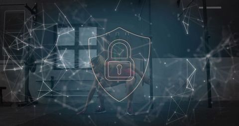 Crouching athlete reaching on rubber floor in industrial gym with cybersecurity overlay