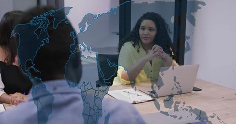 Global Collaboration in Modern Office with Technology Overlay