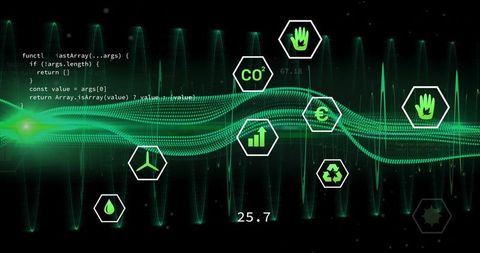 Futuristic green energy dashboard streaming waveform with co2 metrics and data visuals