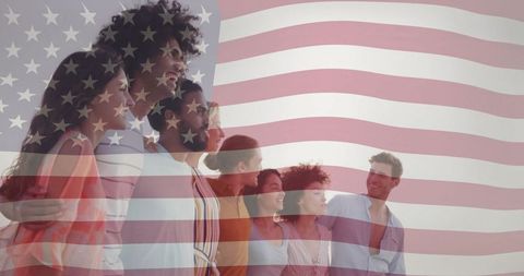 Diverse Group of Friends United Under American Flag