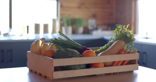 Fresh Organic Produce in Wooden Crate on Kitchen Counter - Download Free Stock Images Pikwizard.com