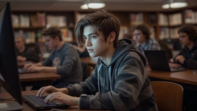 Teenager concentrating at library desktop, typing on compact keyboard and using monitor