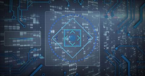 Holographic HUD Reticle Rotating Over Cyber Circuit Grid with Neon Progress Ring Interface