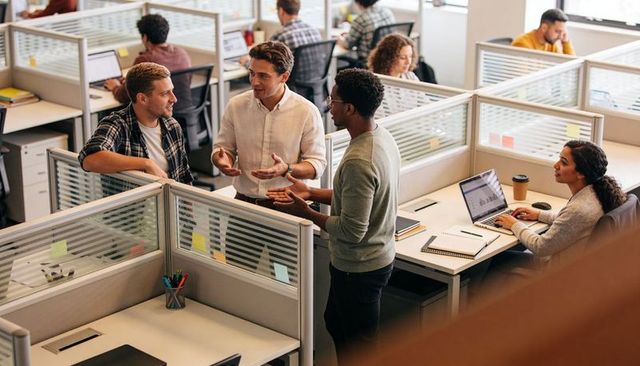 Collaborating team discussing project in modern open-plan office with cubicle workstations