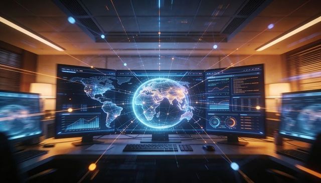 Immersive curved monitor displaying glowing digital globe and real-time data dashboards