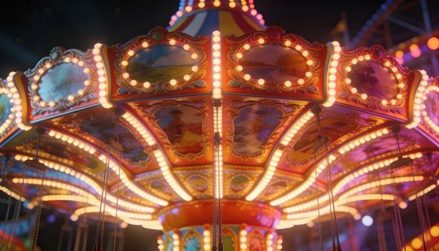 Glowing vintage swing carousel canopy with painted panels and bulbs at night fairground