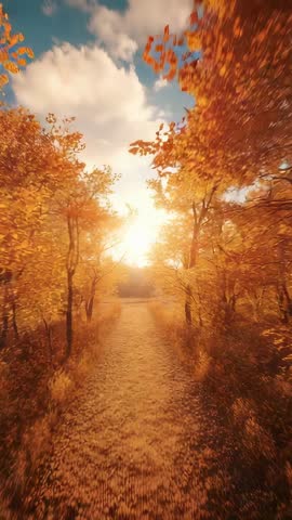 Vertical video gliding through golden autumn forest trail with sunlit leaves fluttering