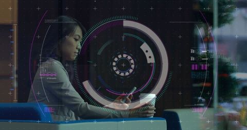 Businesswoman futuristic smartphone interface hologram