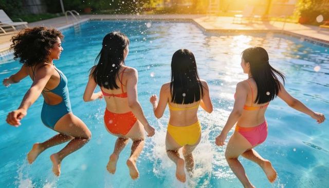 Friends jumping into pool at sunset wearing bright swimsuits splashing water and laughing
