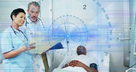 Medical Team Reviewing Digital Diagnostics Over Patient Bedside with Futuristic HUD Overlay