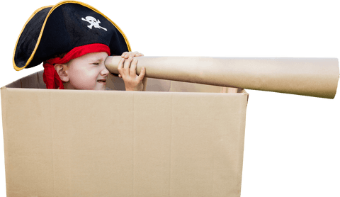playful boy pretending pirate with telescope in cardboard box, transparent background - Download Free Stock Videos Pikwizard.com
