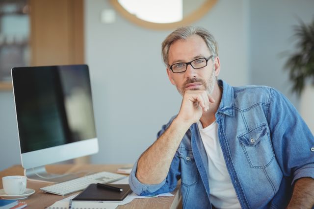 This image shows a mature graphic designer sitting at his desk in a modern office, looking thoughtful. He is wearing glasses and a casual denim shirt, with a computer and other office supplies on the desk. This photo can be used for articles or advertisements related to creative professions, office environments, or professional workspaces.