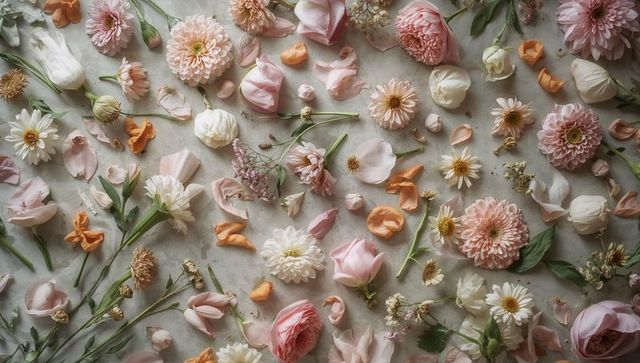 Pastel floral flat lay showcasing roses, ranunculus, dahlias and loose petals on marble