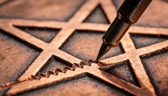 Engraving copper hexagram plate with precision tip carving decorative zigzag groove