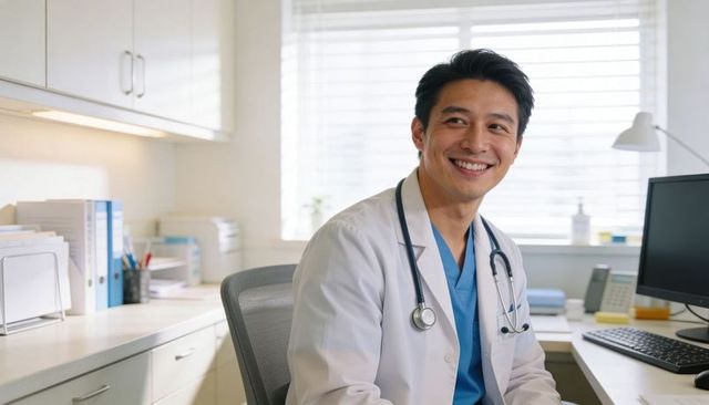 Smiling asian physician sitting at desk in modern clinic wearing lab coat and stethoscope