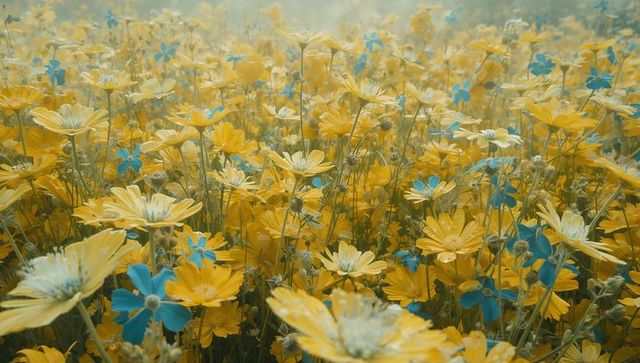 Vibrant flower meadow with yellow and blue blossoms in misty atmosphere