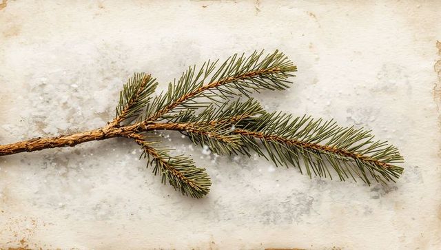 Evergreen spruce branch lying on weathered paper with snowy needles minimal flatlay