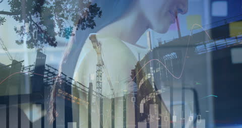 Digital Finance Interface with Businesswoman and Construction Theme