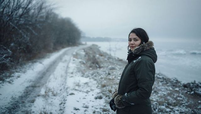 Woman standing on snowy coastal path wearing dark green parka with fur trim