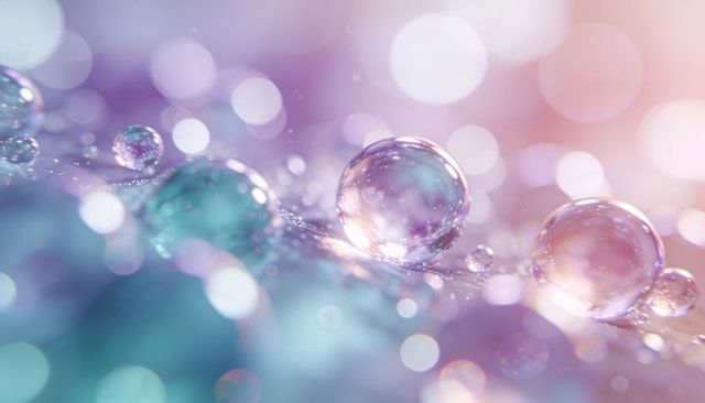 Glowing translucent droplets resting on pastel bokeh surface with shimmering reflections