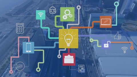 Digital Network with Technology and Business Icons Overlaying Cityscape