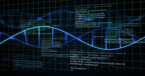 Glowing neon-blue waveform sweeping across green grid dashboard with programming code overlays