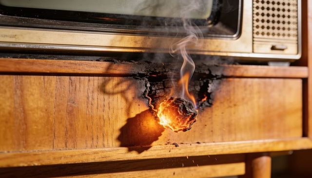 Glowing ember burning wood cabinet front under vintage console emitting smoke and sparks