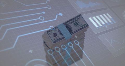 Stacked us dollar bundles overlayed with futuristic finance hud showing data analytics