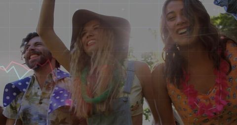 Group of friends joyfully celebrating in sunlit park with grid overlay