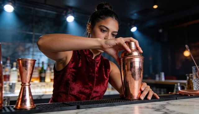 Female bartender sealing copper shaker behind marble bar, mixing cocktails under spotlight