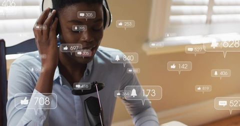 Podcaster recording with headphones and boom mic surrounded by social engagement overlays