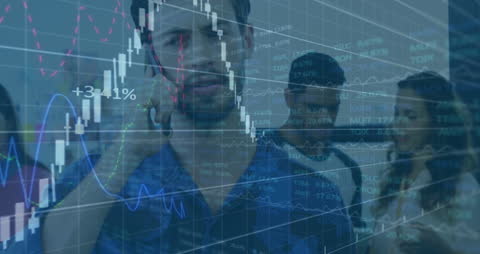 Diverse Team Analyzing Data with Graph Overlays in Modern Office