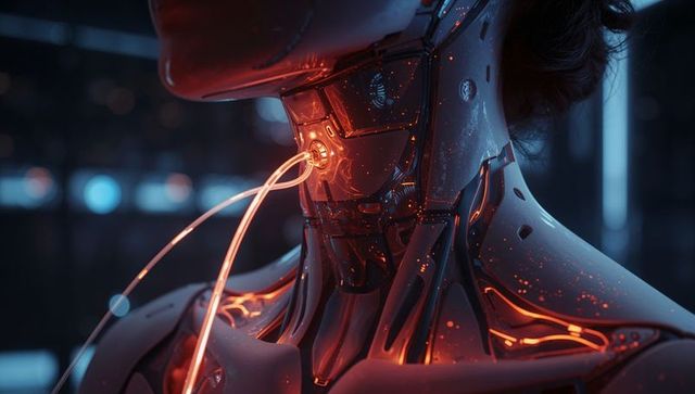 Futuristic humanoid neck with glowing orange energy tubes connecting to cybernetic port