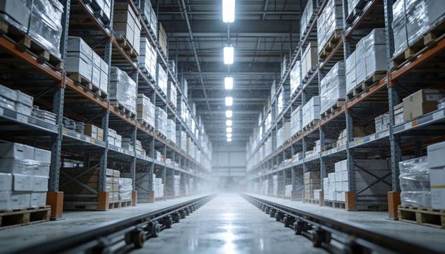 Low-angle warehouse aisle with rail guide, high pallet racking and shrinkwrapped boxes