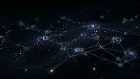 Pulsing neon network nodes connecting in futuristic digital mesh and cyberspace topology