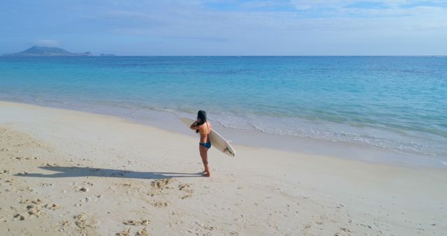 Woman with Surfboard Standing on Sunny Beach - Download Free Stock Images Pikwizard.com