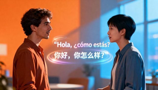 Bilingual conversation in office lounge with glowing spanish and chinese text, duotone lighting